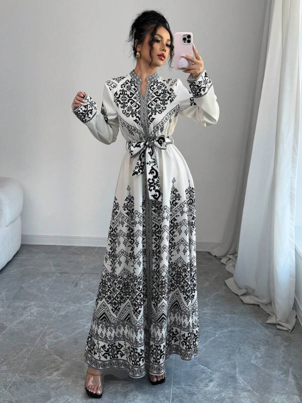 Rochie cu decolteu în V, imprimeu floral, mâneci lungi, croială A-line, poliester