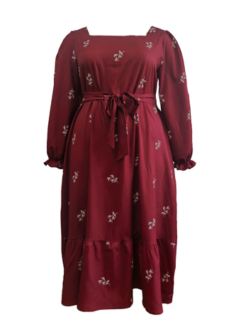 Patchwork suknelė su kvadratine apykakle, žibintinėmis rankovėmis, gėlių raštu, poliesteris