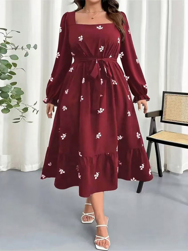 Patchwork suknelė su kvadratine apykakle, žibintinėmis rankovėmis, gėlių raštu, poliesteris