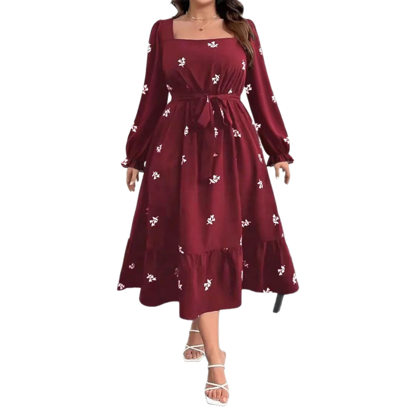 Patchwork suknelė su kvadratine apykakle, žibintinėmis rankovėmis, gėlių raštu, poliesteris