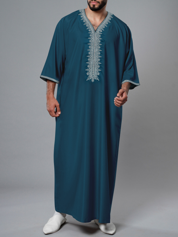 Pánsky marockého štýlu vyšívaný kaftan s bočnou kapsou, zmes polyester-spandex 95/5, vhodný pre štyri ročné obdobia, jar 2025 uvedenie