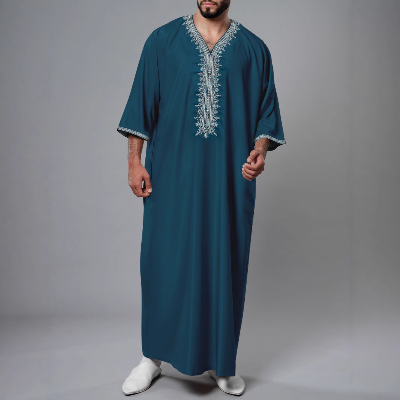 Pánsky marockého štýlu vyšívaný kaftan s bočnou kapsou, zmes polyester-spandex 95/5, vhodný pre štyri ročné obdobia, jar 2025 uvedenie