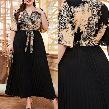 Elegantiška ilga suknelė su V kaklu, klostuota, patchwork dizainas, poliesteris 80–90%, Vasaros 2025