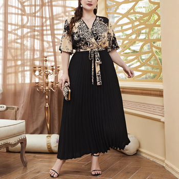 Elegantiška ilga suknelė su V kaklu, klostuota, patchwork dizainas, poliesteris 80–90%, Vasaros 2025