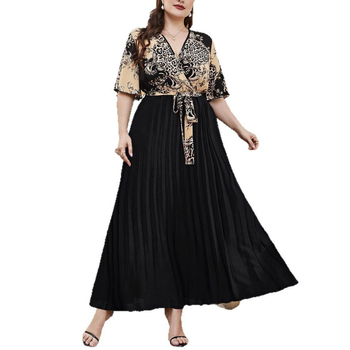 Elegantiška ilga suknelė su V kaklu, klostuota, patchwork dizainas, poliesteris 80–90%, Vasaros 2025