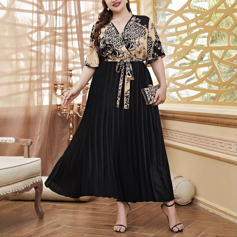 Elegantiška ilga suknelė su V kaklu, klostuota, patchwork dizainas, poliesteris 80–90%, Vasaros 2025