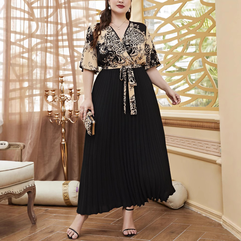 Elegantiška ilga suknelė su V kaklu, klostuota, patchwork dizainas, poliesteris 80–90%, Vasaros 2025