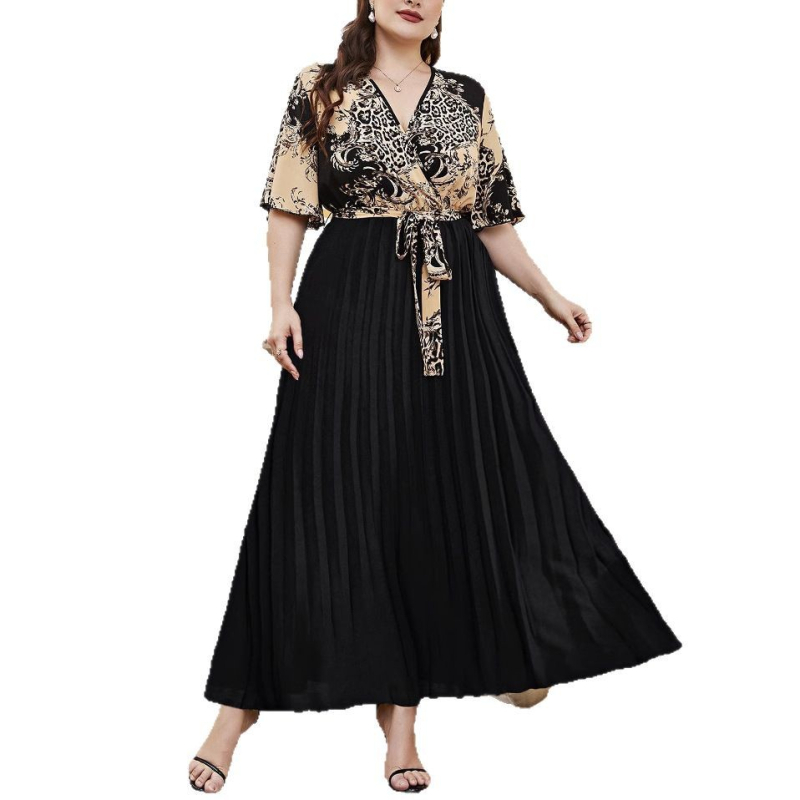 Elegantiška ilga suknelė su V kaklu, klostuota, patchwork dizainas, poliesteris 80–90%, Vasaros 2025