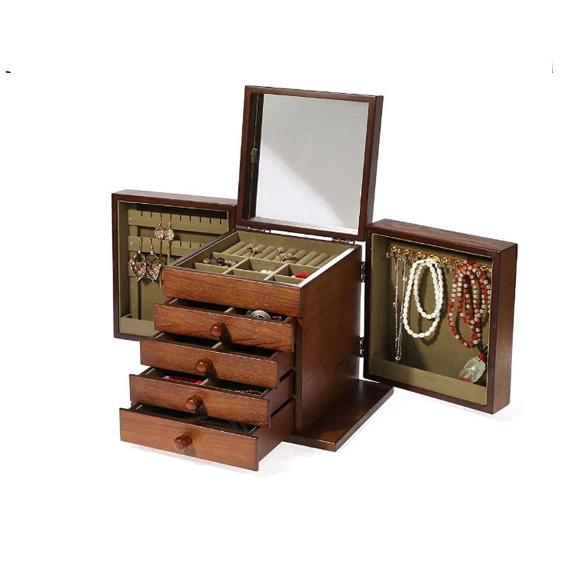 Fából készült vintage ékszertároló szekrény asztali smink-tükörrel és több rétegű rendezővel