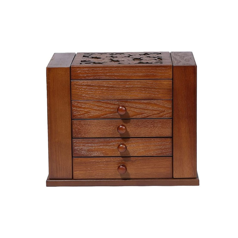 Fából készült vintage ékszertároló szekrény asztali smink-tükörrel és több rétegű rendezővel