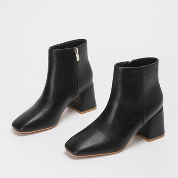 Botine pentru femei, PU upper, talpă din cauciuc, tocuri 6–8 cm, vârf pătrat, fermoar lateral