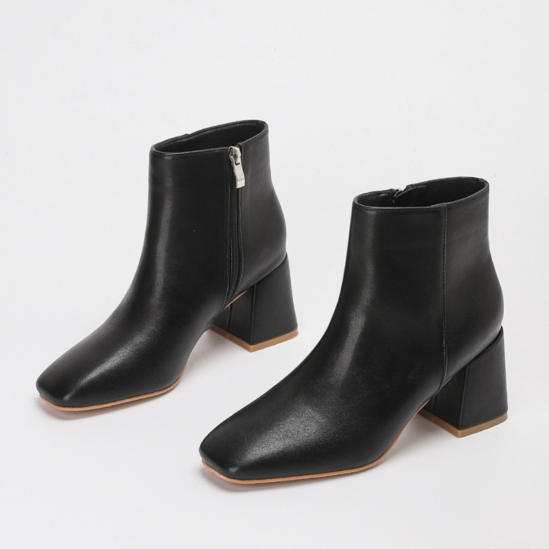 Botine pentru femei, PU upper, talpă din cauciuc, tocuri 6–8 cm, vârf pătrat, fermoar lateral