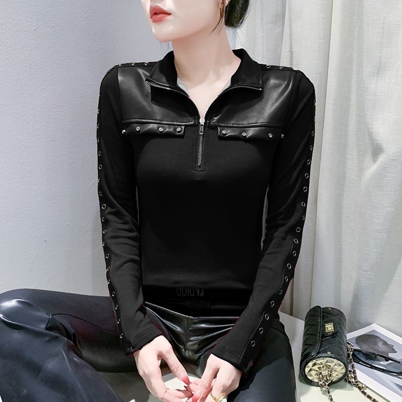 Oversize ženski T-shirt s šivanjem perlicama, stojeći ovratnik, viskozni materijal