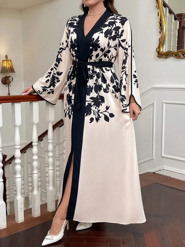 Ilga su išspausdintu raštu, V formos kaklo iškirptė, ilgomis rankovėmis, poliesterio audinys (≥95%)