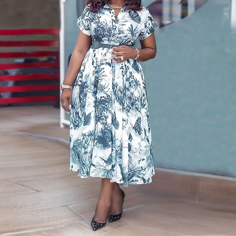 Spausdinta suknelė su stovinčiu kaklu ir diržu, A linijos ilgio, poliesteris-elastanas