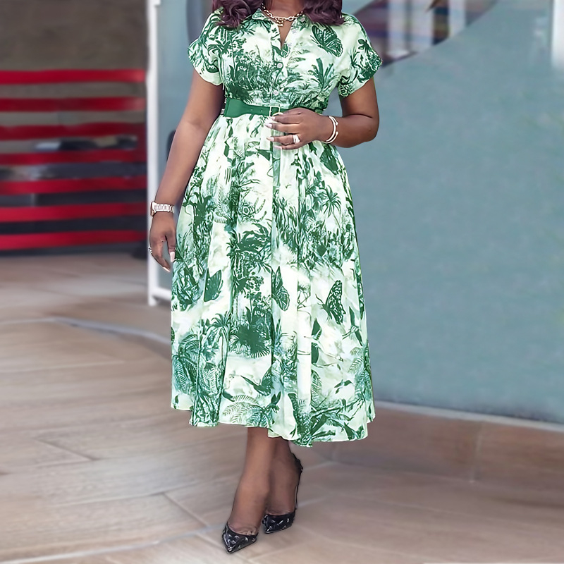 Spausdinta suknelė su stovinčiu kaklu ir diržu, A linijos ilgio, poliesteris-elastanas