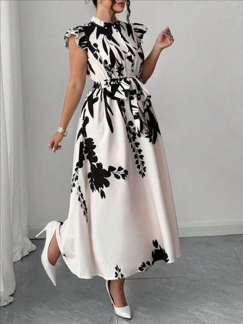 A linijos midi suknelė su gėlių raštu, poliesteris, skaitmeninis spausdinimas