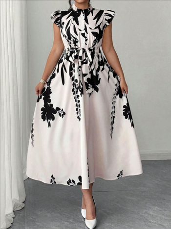A linijos midi suknelė su gėlių raštu, poliesteris, skaitmeninis spausdinimas