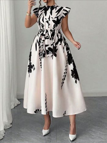 A linijos midi suknelė su gėlių raštu, poliesteris, skaitmeninis spausdinimas