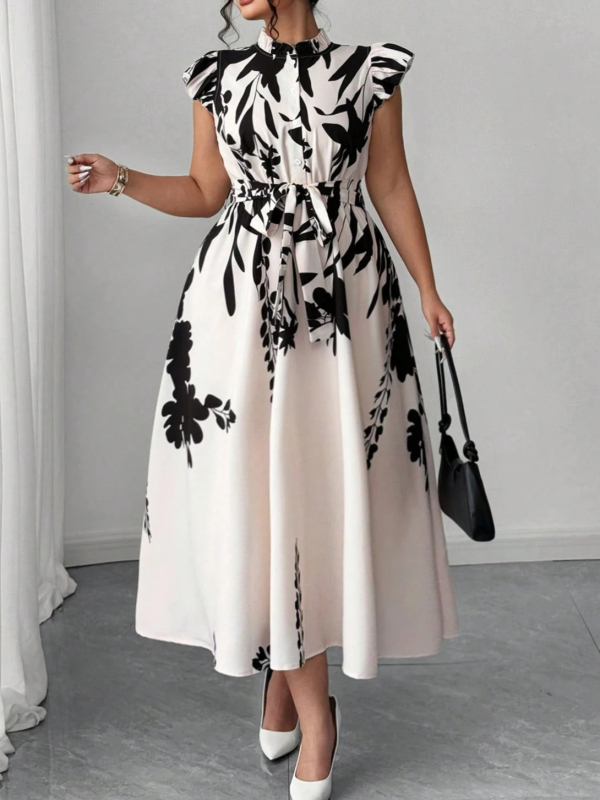 A linijos midi suknelė su gėlių raštu, poliesteris, skaitmeninis spausdinimas