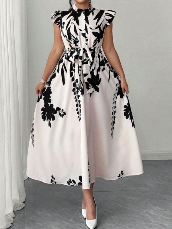 A linijos midi suknelė su gėlių raštu, poliesteris, skaitmeninis spausdinimas