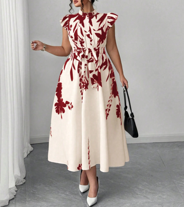 A linijos midi suknelė su gėlių raštu, poliesteris, skaitmeninis spausdinimas