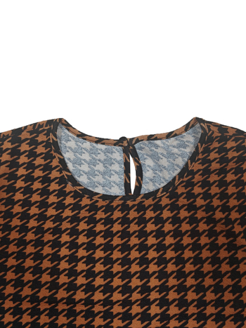 Moteriška midi suknelė su juosmens dirželiu, houndstooth raštas, apvaliu kaklu, 3/4 rankovės, poliesteris