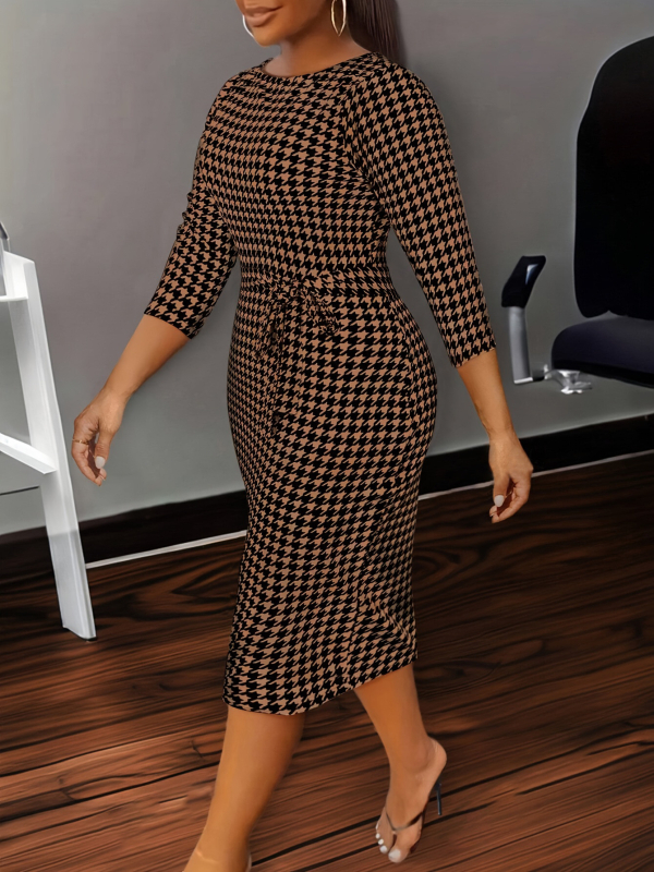 Moteriška midi suknelė su juosmens dirželiu, houndstooth raštas, apvaliu kaklu, 3/4 rankovės, poliesteris