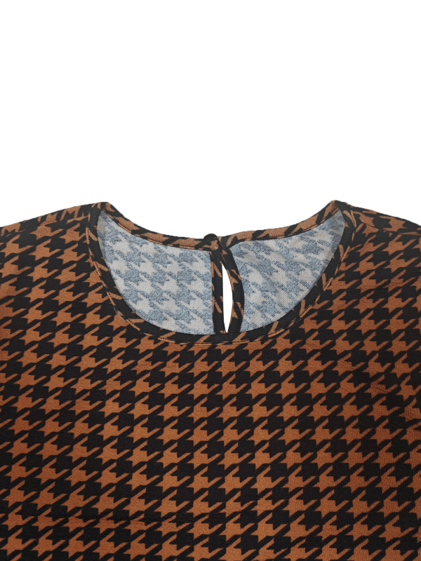 Moteriška midi suknelė su juosmens dirželiu, houndstooth raštas, apvaliu kaklu, 3/4 rankovės, poliesteris