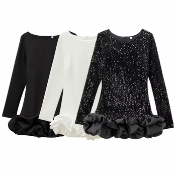 Rochie elegantă de oraș, mâneci lungi, fustă scurtă, guler rotund, poliester cu decor patchwork în straturi