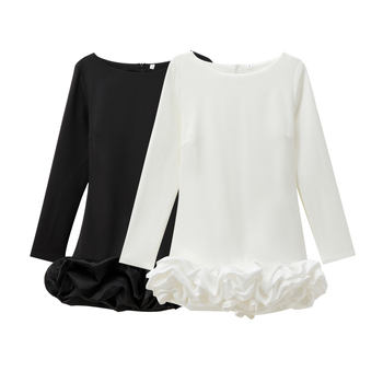 Rochie elegantă de oraș, mâneci lungi, fustă scurtă, guler rotund, poliester cu decor patchwork în straturi