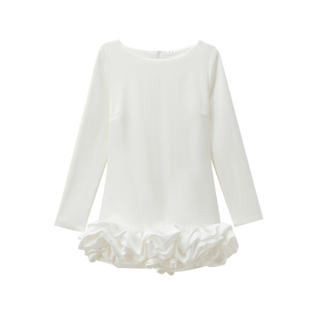 Rochie elegantă de oraș, mâneci lungi, fustă scurtă, guler rotund, poliester cu decor patchwork în straturi