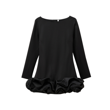 Rochie elegantă de oraș, mâneci lungi, fustă scurtă, guler rotund, poliester cu decor patchwork în straturi