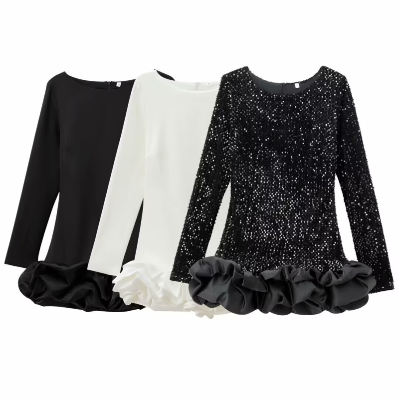 Rochie elegantă de oraș, mâneci lungi, fustă scurtă, guler rotund, poliester cu decor patchwork în straturi