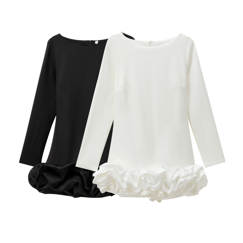 Rochie elegantă de oraș, mâneci lungi, fustă scurtă, guler rotund, poliester cu decor patchwork în straturi