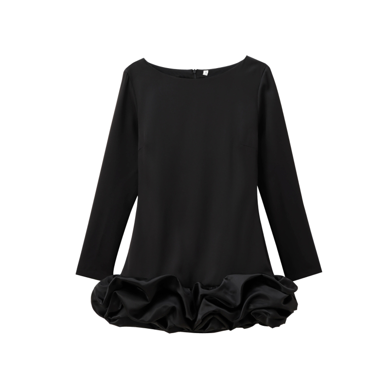 Rochie elegantă de oraș, mâneci lungi, fustă scurtă, guler rotund, poliester cu decor patchwork în straturi