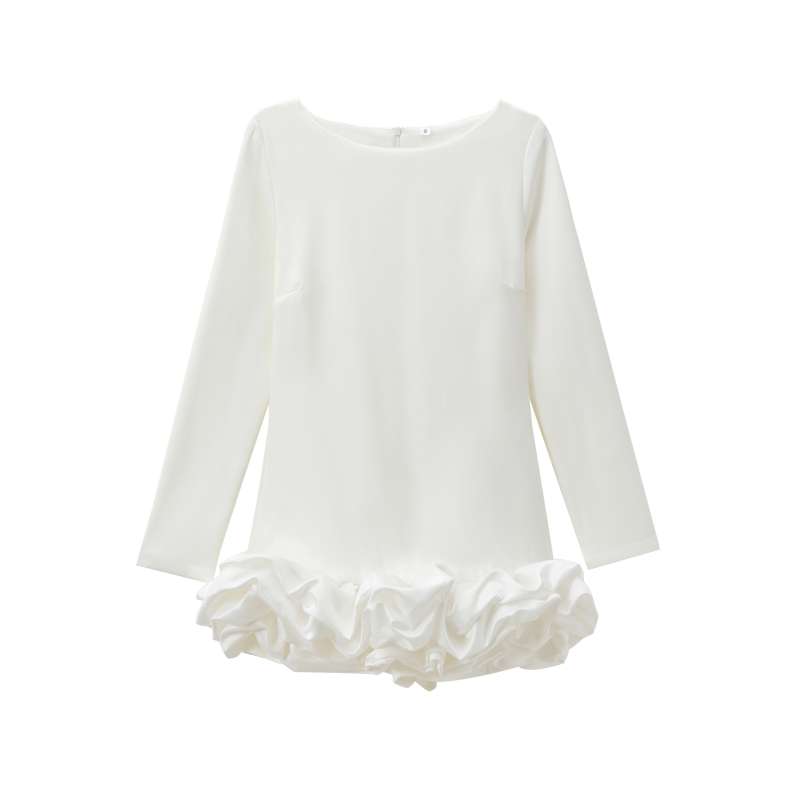 Rochie elegantă de oraș, mâneci lungi, fustă scurtă, guler rotund, poliester cu decor patchwork în straturi