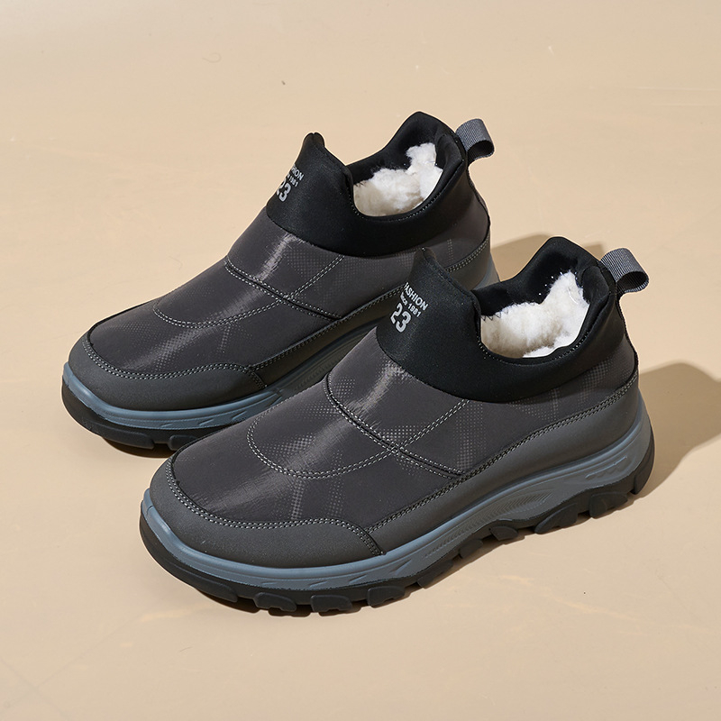 Férfi téli slip-on csizma, belső fleece-bélés, meleg, kültéri, vastag PU talp