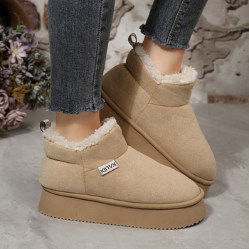 Дамски снежни ботуши със замшево горнище, нисък вал 5–10 см, с изкуствен пух, гумена подметка