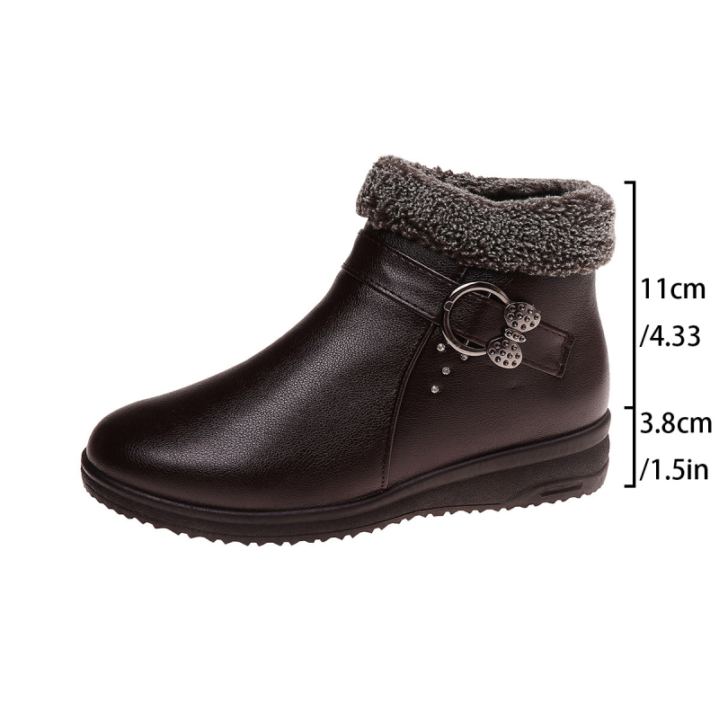 PU felső részű téli csizma, oldalsó cipzár, meleg bélés, gumírozott talp, alacsony klín