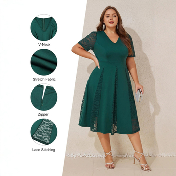 Elegantiška moteriška suknelė su V formos iškirpte, nėrinių panelė, užtrauktukas, aukštas liemuo, midi ilgio, vasara 2025