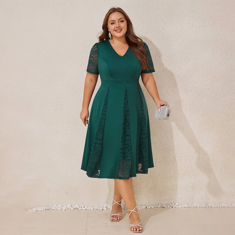 Elegantiška moteriška suknelė su V formos iškirpte, nėrinių panelė, užtrauktukas, aukštas liemuo, midi ilgio, vasara 2025