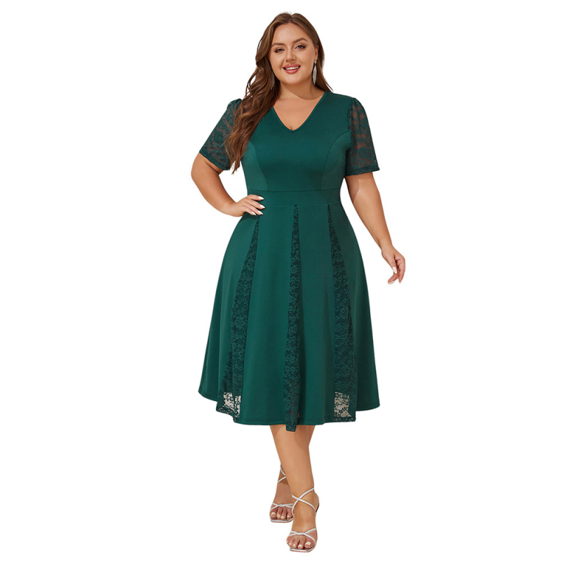 Elegantiška moteriška suknelė su V formos iškirpte, nėrinių panelė, užtrauktukas, aukštas liemuo, midi ilgio, vasara 2025