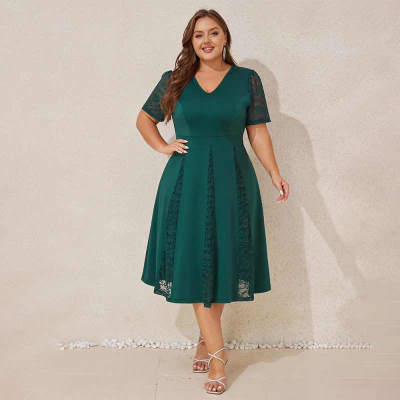 Elegantiška moteriška suknelė su V formos iškirpte, nėrinių panelė, užtrauktukas, aukštas liemuo, midi ilgio, vasara 2025