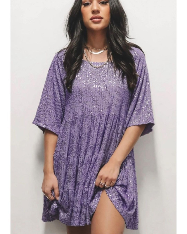 Haljina od mrežice s štrasom, kružni izrez, kratki rukavi, opušten struk, kratka A-linijska suknja