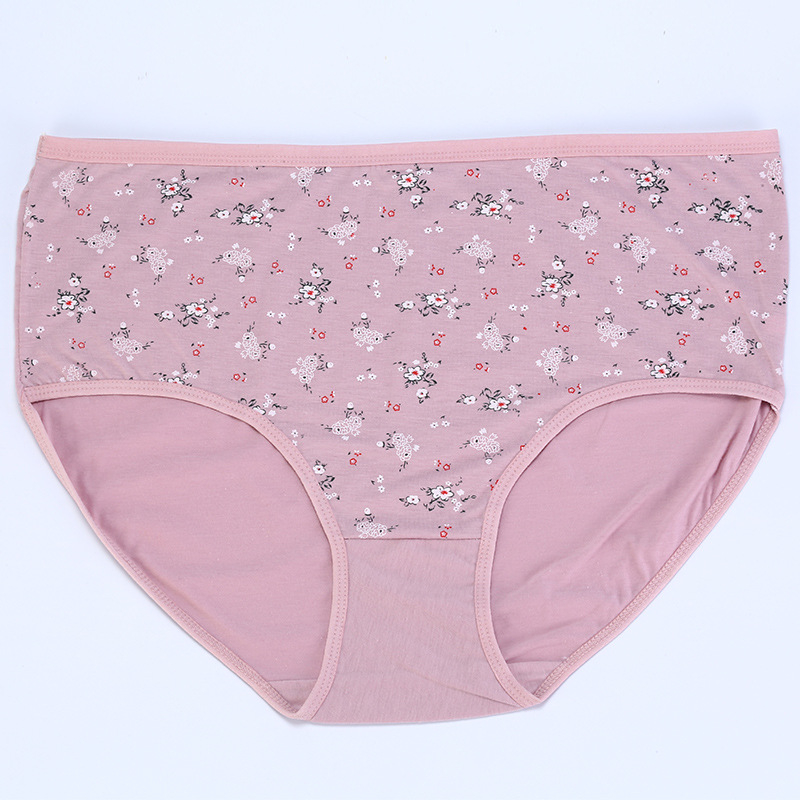 Дамски бикини с средна талия, принт със сливово цвете, плетена памук‑полиестер тъкан (15% памук, 85% полиестер) с памучно чатало; дишащи, бързосъхнещи, повдигащ ефект