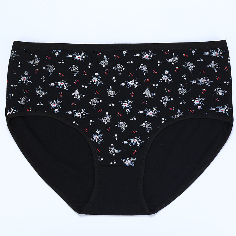 Дамски бикини с средна талия, принт със сливово цвете, плетена памук‑полиестер тъкан (15% памук, 85% полиестер) с памучно чатало; дишащи, бързосъхнещи, повдигащ ефект