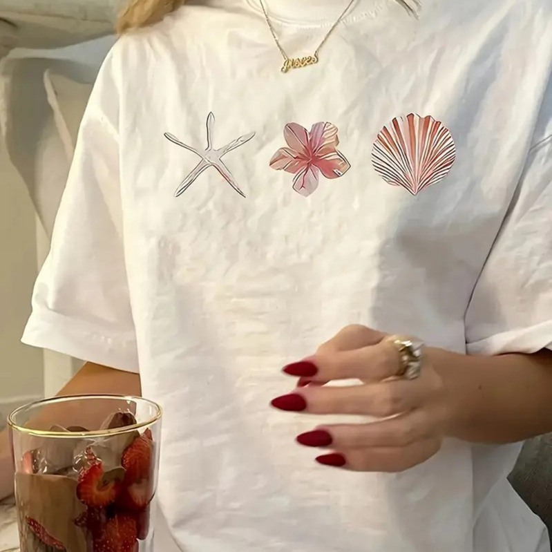 Pamučna majica s labavim krojem, okrugli ovratnik, kratki rukavi, šumski stil, 95% pamuk, proljeće 2025
