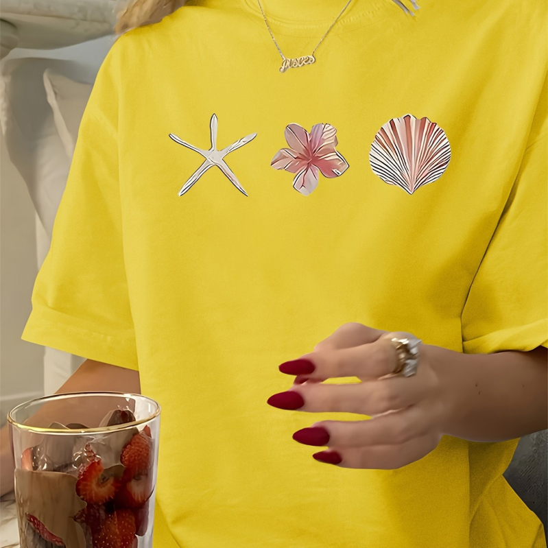 Pamučna majica s labavim krojem, okrugli ovratnik, kratki rukavi, šumski stil, 95% pamuk, proljeće 2025