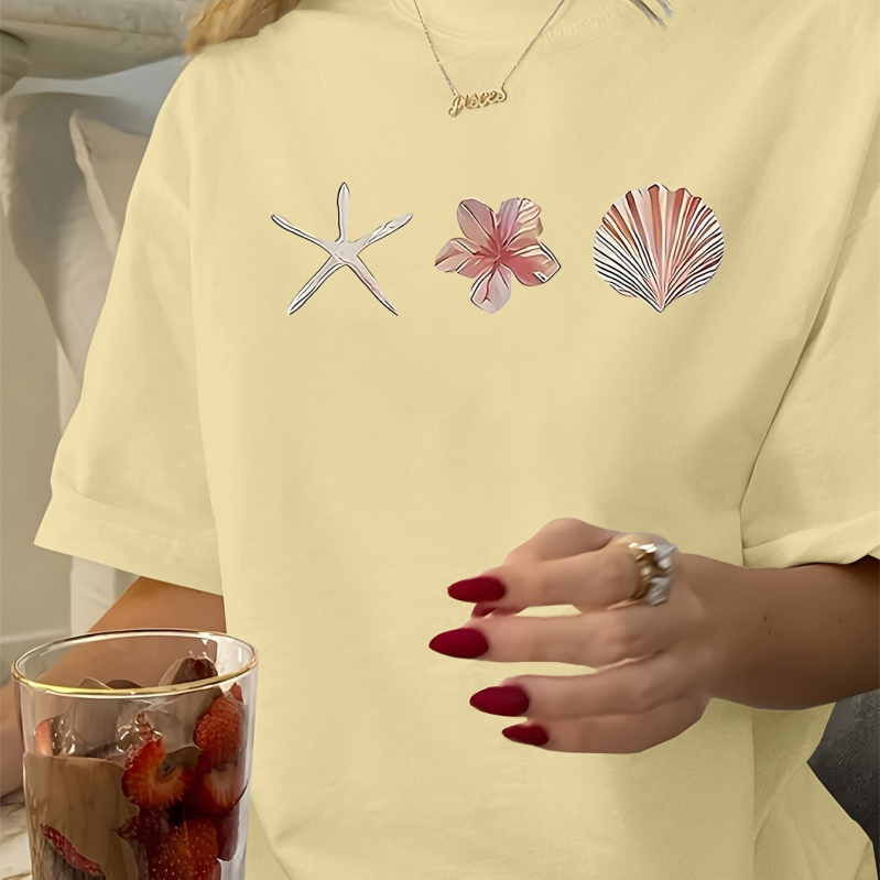 Pamučna majica s labavim krojem, okrugli ovratnik, kratki rukavi, šumski stil, 95% pamuk, proljeće 2025